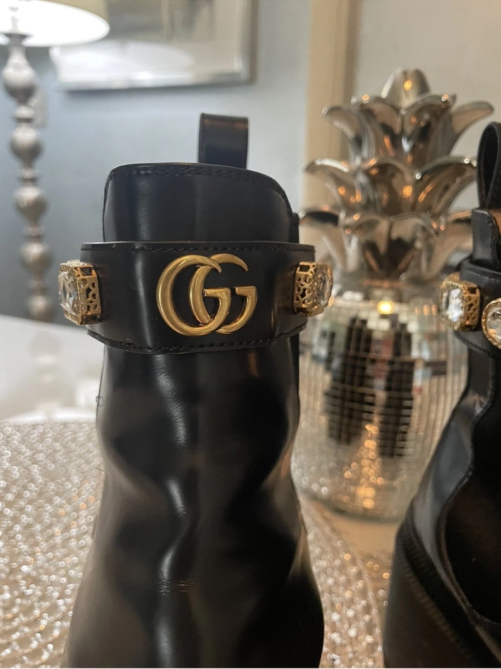 Gucci Magnum BLK Leather Platform Lug Ankle Boots w/Gold GG & Crystal Accent SZ9 - Picture 2 of 13